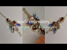 two pictures showing how to make a beaded butterfly necklace with crystal stones and gold chains