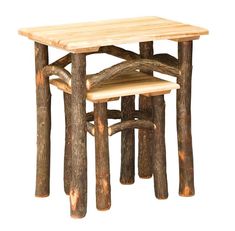 a wooden table and two stools made out of logs