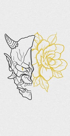 a drawing of a bull skull and flower