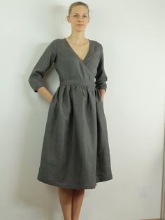 "Spring dress, Write the selected color in the message Linen grey broun wrap dress with long sleeves and 2 pockets , perfect for casual wear and suitable for any occasion in any season Details: - 100% natural linen produced in Europe ; - medium weight (180 gram per square meter); - color: grey broun, could be any from our colors catalog (color samples at the photo); Made to order, approximately a few days, If you have any questions please message me and I will be glad to answer. Size guide : Siz Elegant 3/4 Sleeve Dress With Pockets, Elegant Dresses With Pockets And 3/4 Sleeves, Elegant Dress With Pockets And 3/4 Sleeves, Elegant Dress With 3/4 Sleeves And Pockets, Fitted Dress With Pockets And 3/4 Sleeves, Chic 3/4 Sleeve Dress With Pockets, Chic Dress With 3/4 Sleeves And Pockets, Gray Fall Dress With Pockets, Elegant V-neck Dresses With Side Pockets