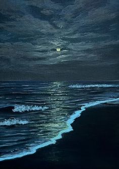 an oil painting of the ocean at night