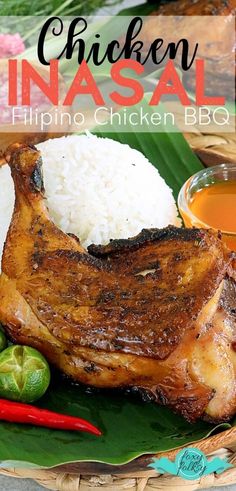 chicken inasal on a plate with rice, peppers and sauces next to it