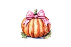 a watercolor painting of a pumpkin with a pink bow