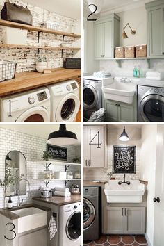 four pictures of different types of appliances in the kitchen, bathroom, and living room