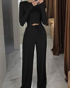 black Set Women Outfit, Outfit Autumn, Long Sleeve Tops Casual, High Waist Pants, Women Outfit, Fairy Dress, Ribbed Top, Ankle Length Pants, Set Women