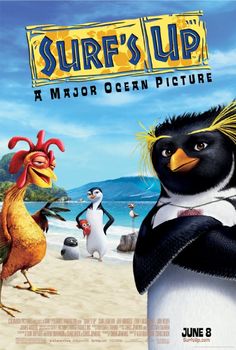 a movie poster for the film surf's up with penguins and chickens on the beach