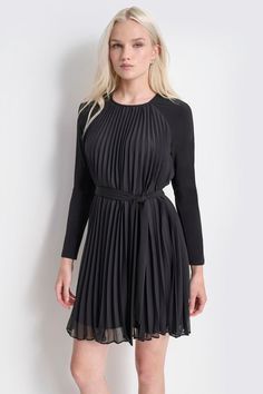 Raglan sleeves Crew neck Belted Hem hits above knee Pleated Keyhole button closure at back Origins: Imported Style: DD4GS41A | DKNY Women's Long Sleeve Pleated Dress in Black Size 10 Fitted Pleated Knee-length Long Sleeve Dress, Knee-length Long Sleeve Dress With Pleated Sleeves For Spring, Black Knee-length Pleated Dress For Work, Black Knee-length Dress With Pleated Sleeves, Button-up Daywear Dress With Pleated Waist, Fall Neutrals, Polo Women, Under Dress, Back Women