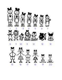 the mickey mouse family is shown in black and white with numbers for each child's age