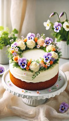 there is a cake with flowers on it and white frosting in the shape of a heart