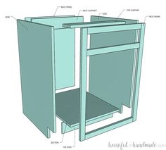 the bottom part of a cabinet with its door open and shelves labeled in blue ink