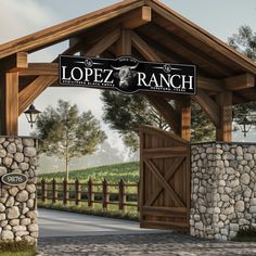 the entrance to lopez ranch is decorated with stone and wood