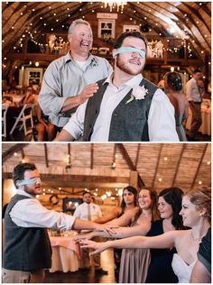 two pictures of people dancing at a wedding and one has blindfolds on his face