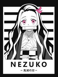 an anime character with long hair and pink eyes, wearing a white shirt that says nezuko