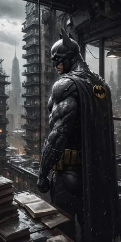 batman standing in the rain on top of a building