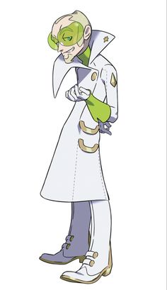 an image of a cartoon character with green hair and white coat holding something in his hands