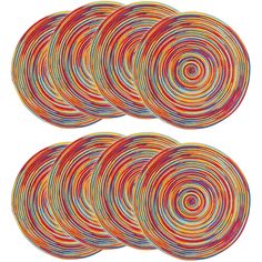 six circular coasters with different colored lines on the top and one in the middle