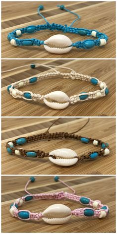 three pictures of different bracelets with beads and shells on them, one is made out of