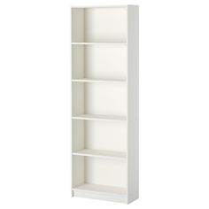 a white bookcase with four shelves on each side