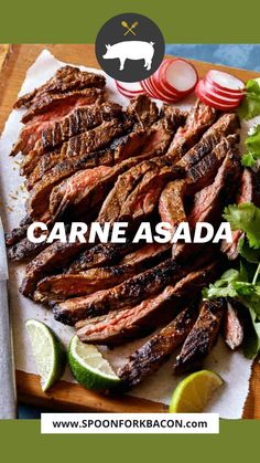 steaks and vegetables on a cutting board with the words carne asada above it