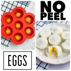 an egg tray with hard boiled eggs in it and the words no peel on top