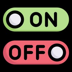 two green and pink buttons with the words on off written in black letters, one is red