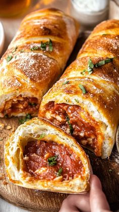 the bread is stuffed with meat and sauce