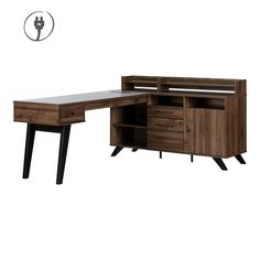 an office desk with two drawers and a shelf