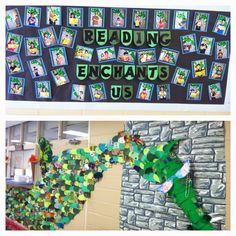 two pictures with the words reading enchants on them and an image of a dinosaur made out of construction paper