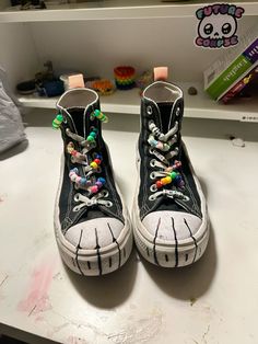 i luv these sm!!!! i made the majority of the little doodles in class or clubs so there are memories :3 Shoe Lace Decoration, Kandi On Shoes, Converse Shoes Decorated, Paw Shoes Converse Therian, Shoe Ideas For School, What To Draw On Converse, Therian Converse, Converse Doodle Ideas, Converse Art Ideas