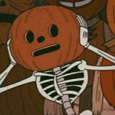 a cartoon character with headphones and a skeleton on his back, holding two pumpkins