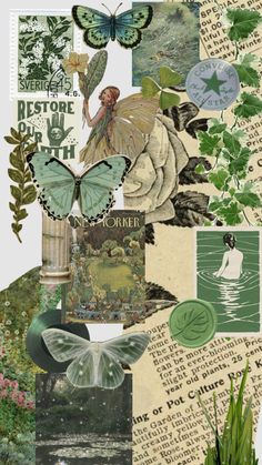 a collage with many different pictures and words on it, including flowers, leaves, butterflies