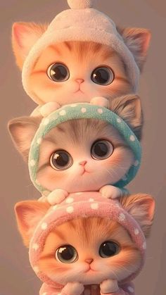 three kittens are stacked on top of each other with hats and scarves over their heads