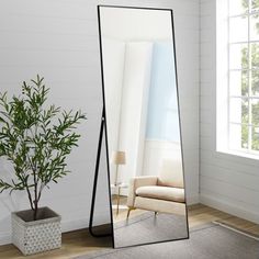 a large mirror sitting on top of a wooden floor next to a potted plant