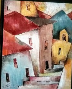 an abstract painting of houses with red roofs