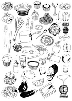 black and white illustration of various food items