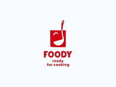 the logo for foody ready for cooking is red and white with a spoon in it