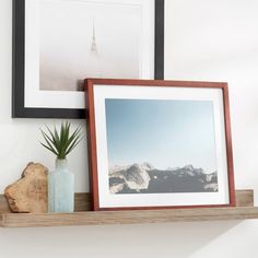 a wooden shelf with two pictures and a plant on it next to a framed photograph