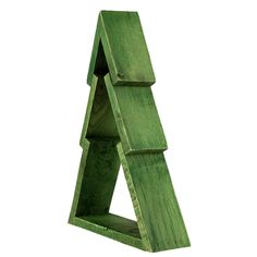 a green wooden shelf with three shelves on top and one in the shape of a triangle