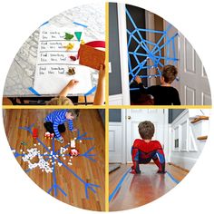 four different pictures with children playing and writing