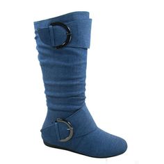 Round toe design Side Zip Closure Large buckle Finished with cushioned insole Faux Suede Heel Height: 0.25" (approx) shaft length:14.25" (approx) top opening circumference: 16" (approx) Size: 5.5.  Color: Blue.  Gender: female.  Age Group: adult. Fat Calves, Round Toe Boots, Purple Boots, Top Moda, Denim Boots, Rounded Toe Boots, Toe Boots, Casual Flats, Toe Designs