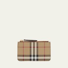 Burberry "Kelbrook" wallet in check faux leather (polyurethane), fabric, and leather  Zip top closure  Exterior, dog clip chain strap  Lining: Polyester Approx. 5.1"H x 5.1"W x 2.8"D Made in Italy Burberry Wallet, Dog Clip, Zip Wallet, Zip Top, Chain Strap, Burberry, Tops Designs, In Italy, Faux Leather