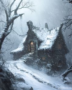 a painting of a house in the woods with snow falling on it and trees around