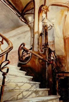 a watercolor painting of stairs and railings