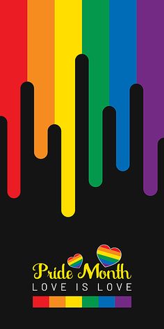 the pride month love is love logo on a black background with rainbows in the background