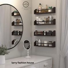 there is a mirror and shelves on the wall in this bathroom that are filled with beauty products