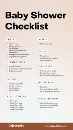 the baby shower checklist is shown in black and white, with an orange background