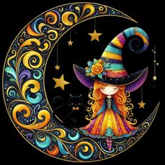 a painting of a girl in a witches hat on the moon with stars and swirls