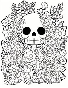 a skull surrounded by flowers and leaves in black and white coloring book page for adults