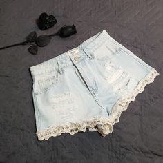 Size 26 New Without Tags Light Blue Jean Forever 21 High Waisted Distressed Shorts With Lace Trim Cute Fashion Sexy Style Shorts Short High Waist Distressed 2019 2020 Popular Trend Trendy Brand Brand Name Hippy Festival Hipster Lace Summer L.A. La California Cali Summer Denim Bottoms With Lace Trim, Denim Bottoms With Lace Trim For Summer, Trendy Bottoms With Lace Trim, Forever 21 Cutoff Jean Shorts For Summer, Forever 21 Light Wash Summer Bottoms, Forever 21 High Rise Bottoms For Summer, Forever 21 Light Wash Short Bottoms, Forever 21 High-rise Summer Bottoms, Forever 21 Light Wash Summer Shorts