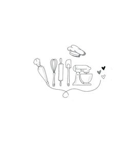 a line drawing of kitchen utensils on a white background, with hearts and whisks